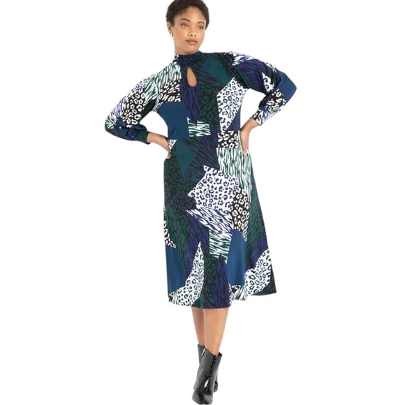 ELOQUII ANIMAL PRINT A LINE PUFF LONG SLEEVE KEYHOLE NECK COLLAR MIDI DRESS - Picture 1 of 16